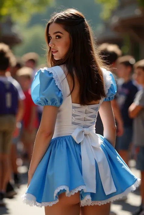 Rear side full body photograph of Hailee steinfeld in Alice in wonderland costume, with extremely and inappropriately short skirt exposing her bum cheeks, looking back at camera.. At disneyland surrounded by group of young school boys standing close and ta...