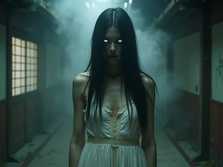 "A spectral woman in a tattered white dress, with long, jet-black hair covering part of her face. Her hollow, glowing eyes pierce through the darkness. She stands in a misty, abandoned Japanese studio, where ghostly whispers fill the air, and the flickerin...