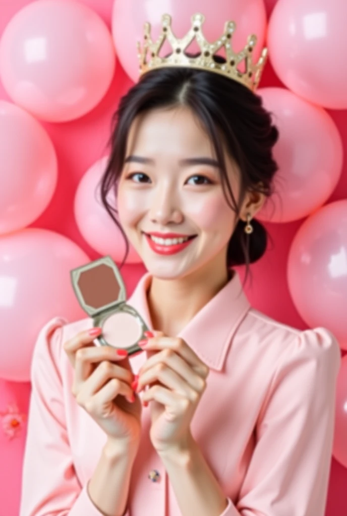 Create an image for ÉCL beauty, a Korean female model with single vibes with holding light pink colour compact powder palette. In background nicely decorated pink colour balloons and wearing smal crown with birthday vibe with luxury pink. 