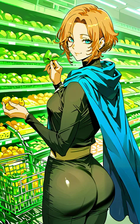 score_9, score_8_up, score_7_up, source_anime, sypha, short hair, blue eyes, orange hair,, cape, blue cape,, grocery store, shopping cart, picking fruits, everyday life, , smile, looking at viewer, arm flexed showing sexy butt, solo,, cowboy shot, dutch an...