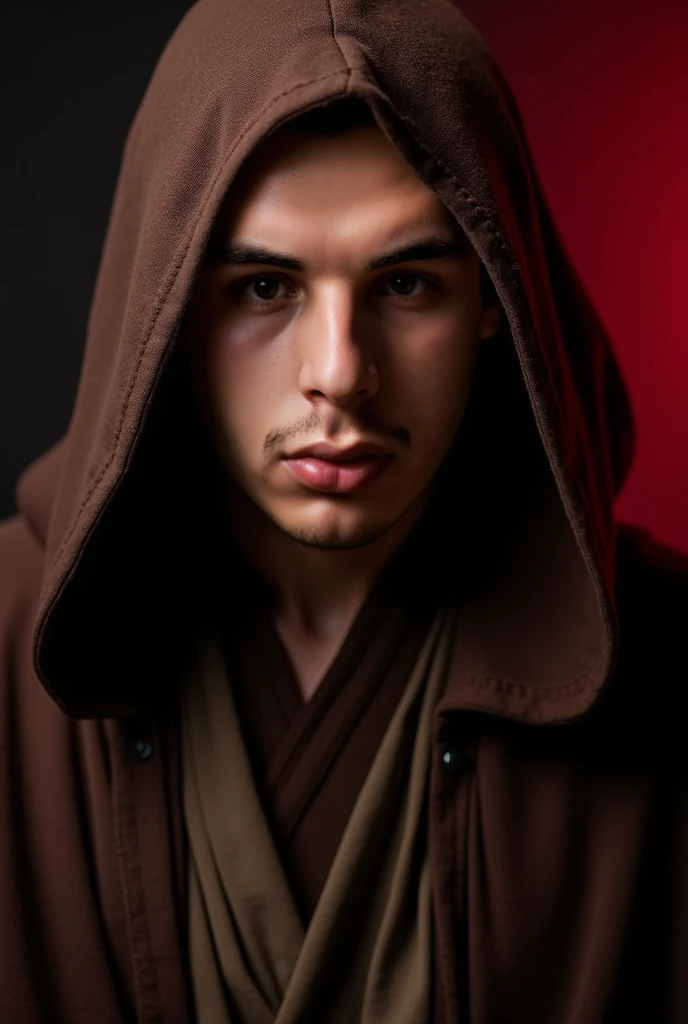  a young man,  men's tie,  with a dark expression and intense look , inspired by Anakin Skywalker .  He wears a brown hood that partially covers his face ,  highlighting his defined features and a gesture of anger and melancholy .  Illuminated by a faint l...