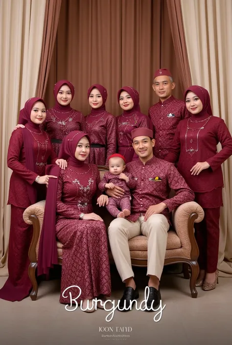 Create a detailed indonesian family portrait featuring eight individuals in a warm, formal setting. The family members wear coordinated burgundy-themed outfits with intricate patterns. Father and mother sit on the sofa holding a  baby boy, four man standin...