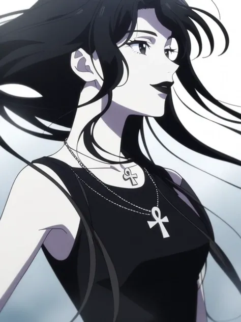 pretty white goth woman, pale skin, short messy black hair flowing up, black eyes and lips, black lipstick, wearing black tank top, and ankh necklace, looking sideways, smiling, anime style, tv anime