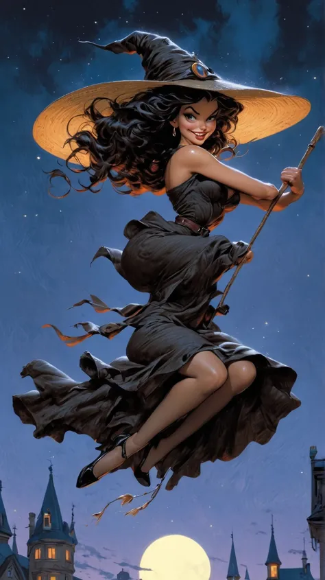 A mesmerizing and intricately detailed drawing of a brunette witch, soaring gracefully through a twilight sky on her enchanted broomstick. She exudes elegance and power, dressed in a vintage pin-up inspired outfit, her look enhanced by a captivating straw ...