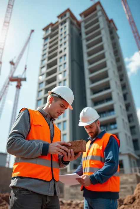 A highly detailed and realistic image of a modern construction site, where a team of Slavic engineers and workers carefully inspect premium-quality building materials. In the foreground, a Slavic man with short blond hair, blue eyes, and fair skin, wearing...