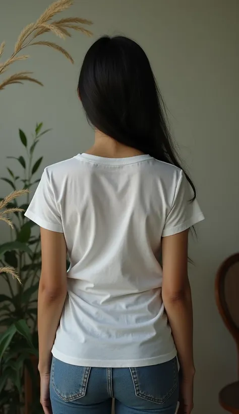 Make a 20 year old Indonesian woman standing with her back full body wearing a plain white t-shirt