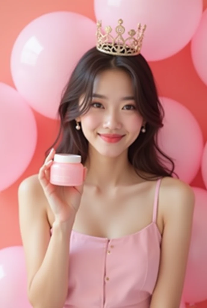 Create an image for ÉCL beauty, a Korean female model with single vibes with holding light pink colour moisture jar. In background nicely decorated pink colour balloons and wearing smal crown with birthday vibe with luxury pink. 