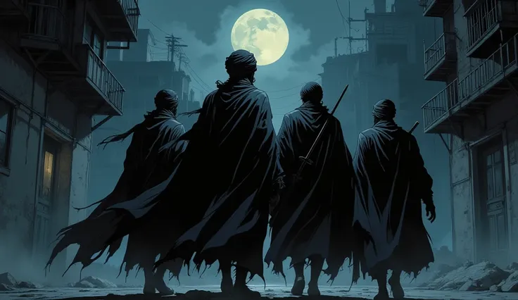 "Four turbaned thieves are gathering while walking in a deserted street at night, the moon is above, partly covered by clouds, viewed from the back."