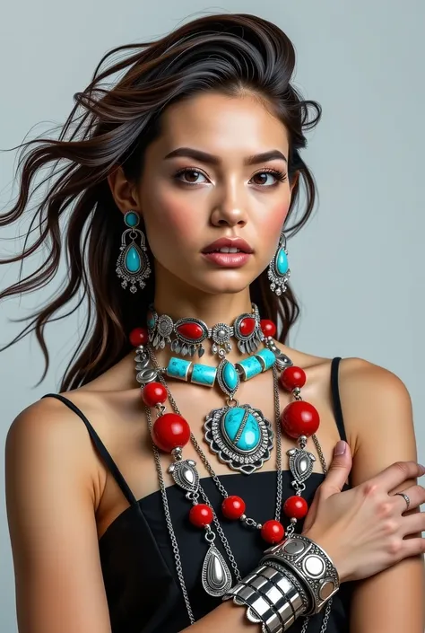 Model wearing silver jewelry, red coral and turquoise