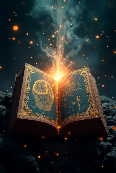 A book with glowing light, half representing science (brain, equations) and the other half representing faith (Quran, prayer hands).