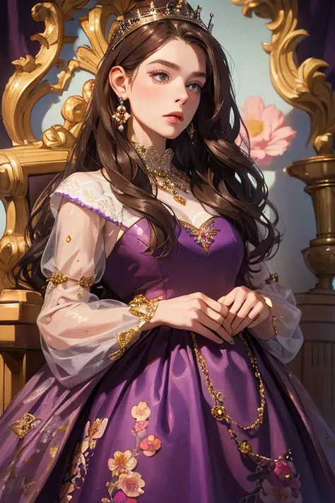 ( masterpiece,  high quality), 1 ,  alone, (queen:1.15),   brown hair,   long hair,  cortina , purple floral dress with diamonds, queen&#39;s Dress , aurora, (sunlight, null, Rio,  forest),  inexpressive,  red eyes, ( Art Nouveau :1.2), Alphonse Mucha, tia...