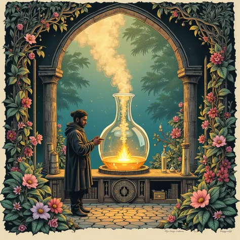 A highly detailed woodblock print, an engraving-style illustration that exudes a serene and mystical atmosphere, all in an engraving style. In the background everything is clear, it's daytime. 
An enlightened alchemist is working in his laboratory performi...