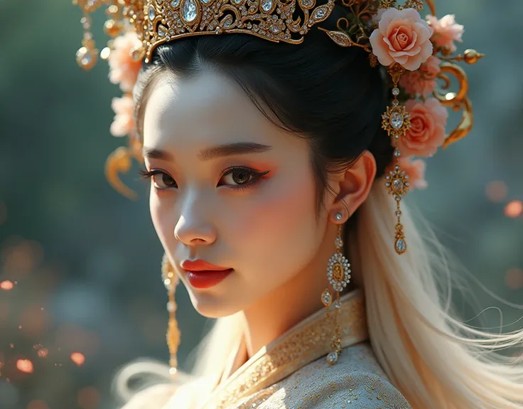  Peking Opera Huadan， exquisite headwear fancy earrings ，Diamond with a wreath on the head ， portrait photography, real light, close-up cinematic feeling ， extreme detail rich light ， Janet Echelman shadow three-dimensional close-up ， ultra-fine lines, anc...