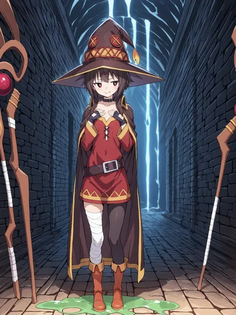 (Megumin,hands on her chest , looking to the viewer, smirk face, fire shape eyes, full body, tight clothes, mage clothes), (slender, petite, flat chested), (clear sky, beautiful background), (stone dungeon room, light with torchs, low light, webs around, g...