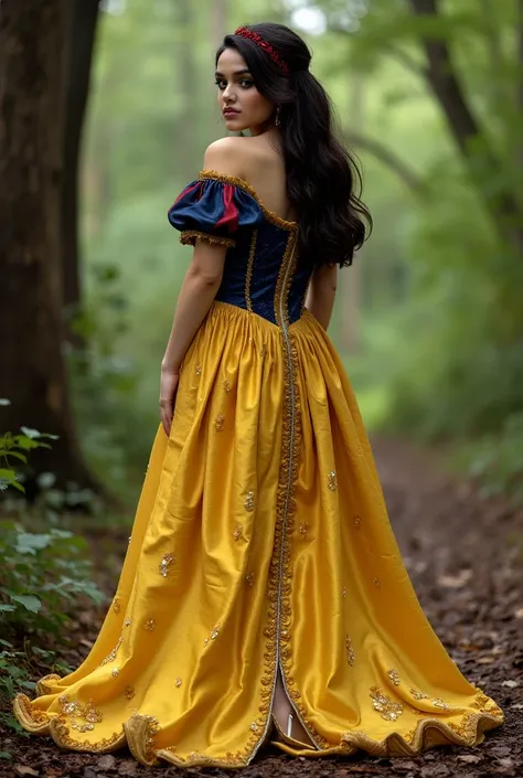 Rear side photo of Rachel Zegler looking at camera as Snow White in woods in classic Snow White dress torn up. Canon EOS R camera. Dress has Large gaping holes, exposing bare naked ass