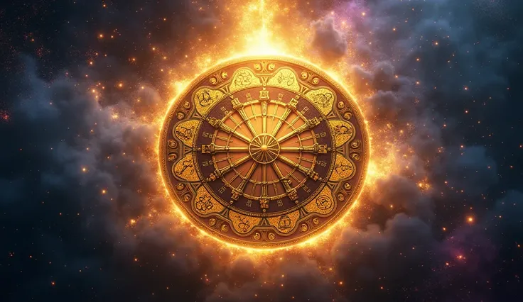  A mystical tarot card , the 'Wheel of Fortune' ,  illuminated by a heavenly golden glow .  The wheel rotates at the center of a cosmic space , surrounded by astrological symbols and sacred numbers that represent the changes in fortunes of the signs.  The ...