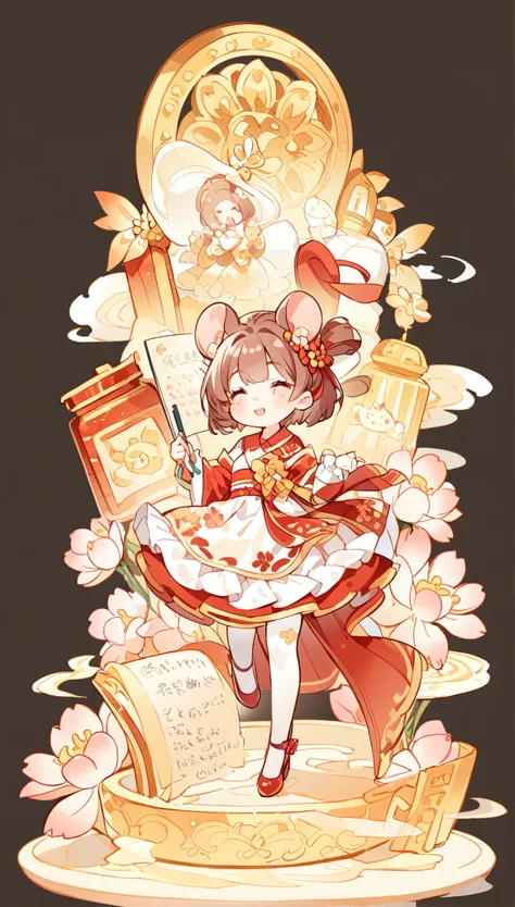 Happy play,Fan in hand,May you be happy and prosperous,(clean background),Depth of detail,Q version three-headed body、Mouse ears,transparent watercolor、girl、Beautiful arrangement and theme、Writing limit depth、Flat avatar, 1girl , (short brown hair), hair ...