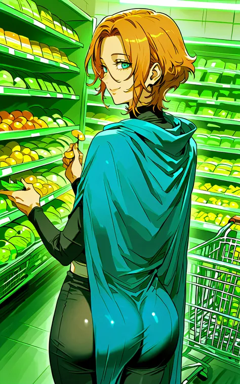 score_9, score_8_up, score_7_up, source_anime, sypha, short hair, blue eyes, orange hair,, cape, blue cape,, grocery store, shopping cart, picking fruits, everyday life, , smile, looking at viewer, arm flexed showing sexy butt, solo,, cowboy shot, dutch an...