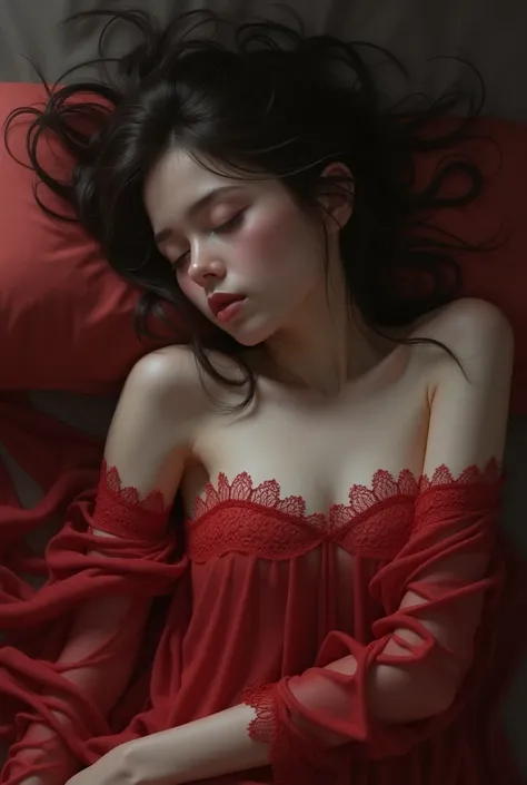 Girl sleeping in red lace open one girl tights  