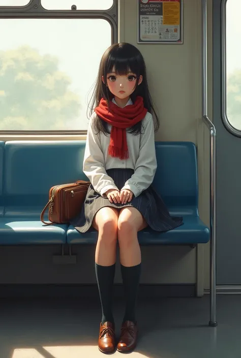 There is a woman sitting on a bench with a bag and a scarf,  painting by Kanbun Master,  Reddit ,  hyperrealism, a hyper realistic high school girl , hyper realistic high school girl ,  cute high school girl, Crossed legs, 4K high quality 、 dirty,  realist...