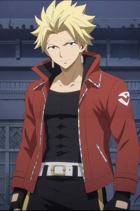 front view, Frontal portrait, close-up, looking at viewer, score_9, score_8_up, score_7_up, source_anime, StingFT, Sting blonde hair, light yellow Sting, 1boy, male focus, anime screencap, a red men's jacket with black details, which fits his athletic figu...