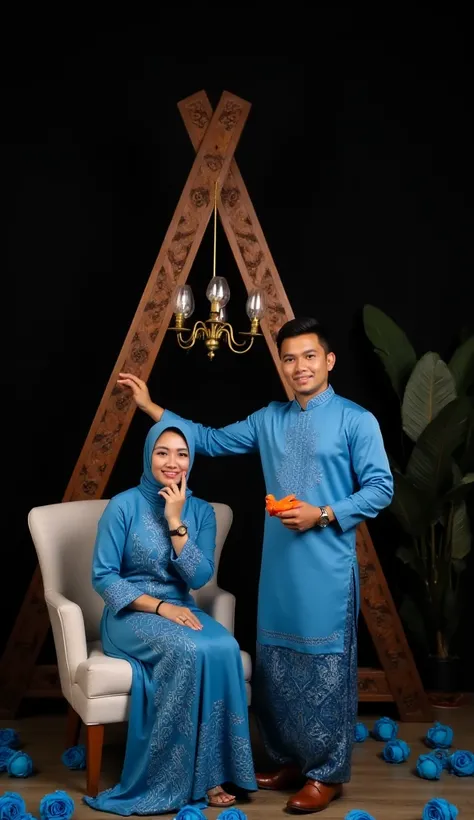 Image Prompt:
The image shows a young couple posing for a photo in front of a black background. The man is wearing a blue traditional Indonesian outfit, consisting of a long-sleeved blouse and a skirt with a floral pattern. He is holding a small orange bir...