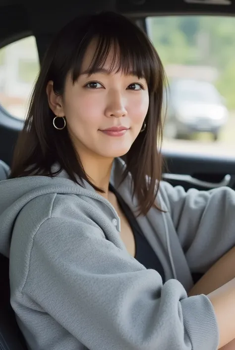 ((  top quality, 8k,  Masterpiece:1.3)), High Concentration :1.2,  perfect body beauty:1.4, teeth:1.2, ((  Delicate hair )), (  hoodie:1.1) , (  sports car, street: 1.2),    highly detailed face and skin textures,  DETAILS EYES ,   double eyelids ,  Whiten...