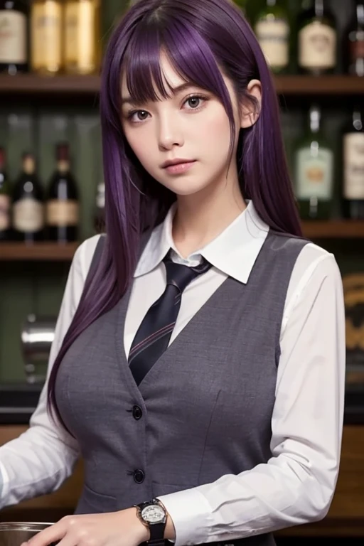  1 girl, Alone, bangs, , hands on chest,  long sleeve ,  Watch Your Audience,  purple hair,  medium boobs,  ties,  shirt, Alone,  upper body, vest,   bartender , vest, white  shirt,