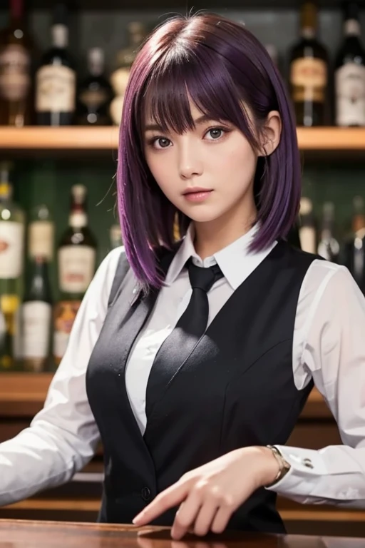  1 girl, Alone, bangs, , hands on chest,  long sleeve ,  Watch Your Audience,  purple hair,  medium boobs,  ties,  shirt, Alone,  upper body, vest,   bartender , vest, white  shirt,