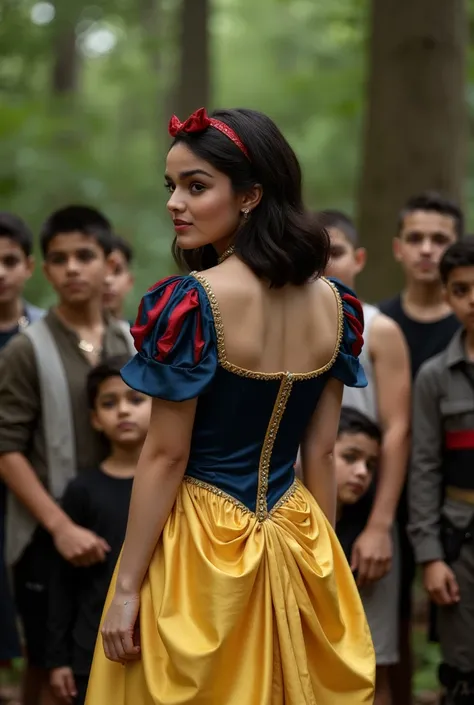 Rear side photo of Rachel Zegler looking at camera as Snow White in woods in classic Snow White dress torn up with large gaping holes around rear exposing bare naked ass. Fujifilm xt3 Camera. Surrounded by group of young boys