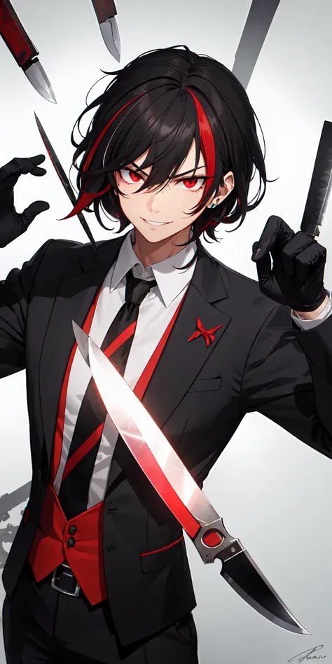 The character has black hair with a striking red streak.
Piercing red eyes that convey a sinister or powerful aura.
Wears a black suit, white shirt, and a red-and-black striped tie.
One hand is gloved in black and holds a sharp knife.
The wide smile and in...