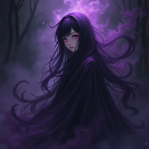 anime fog girl, purple and black colors