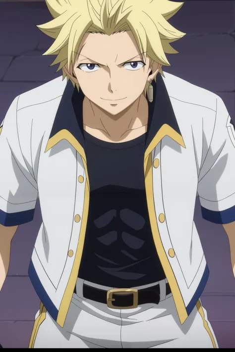 front view, Frontal portrait, close-up, looking at viewer, score_9, score_8_up, score_7_up, source_anime, StingFT, Sting blonde hair, light yellow Sting, 1boy, male focus, anime screencap, a white men's jacket with black details, which fits his athletic fi...