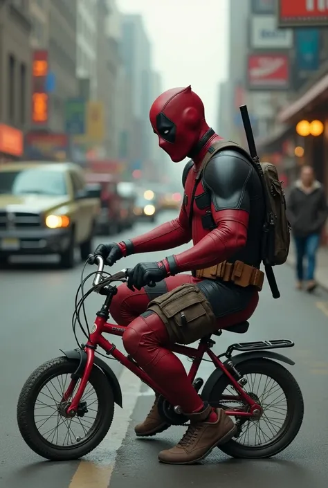 Deadpool is sitting on a small red bicycle,sad face expression ,city street background, vehicles running , left and right side background of shops, realistic image ,HD quality,side view 