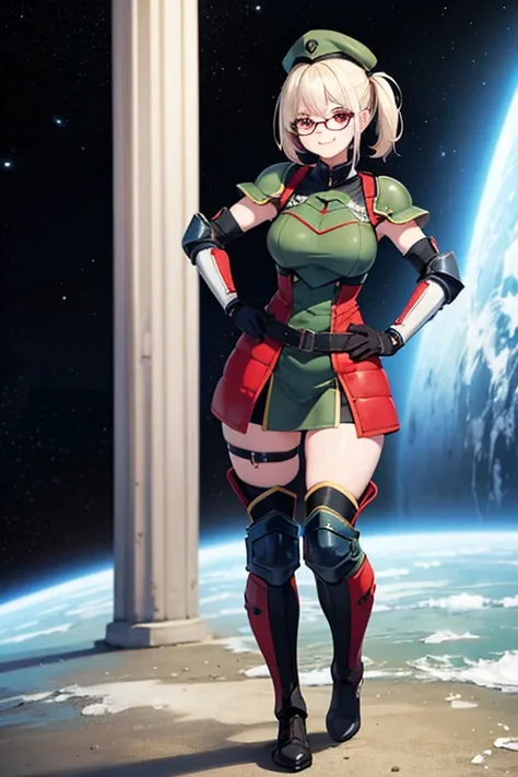  anime picture for TRPG、Space science fiction soldier 、 full body portrait、, a curvy woman who is about 175 cm tall and wears dark green bulletproof armor, about 28 years old, who is standing upright with her hands on her hips、Glasses、 red eyes、 is smiling...