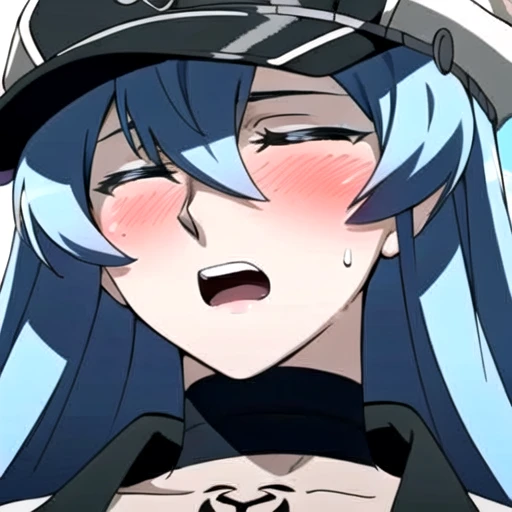 Esdeath, (aroused facial expression), closed eyes, open mouth, blush, sweat, breasts, large breasts, (hat), cleavage, choker, hair between eyes, (uniform), military, (military uniform), tattoo, (peaked cap), chest_tattoo, (simple dark background), facing t...