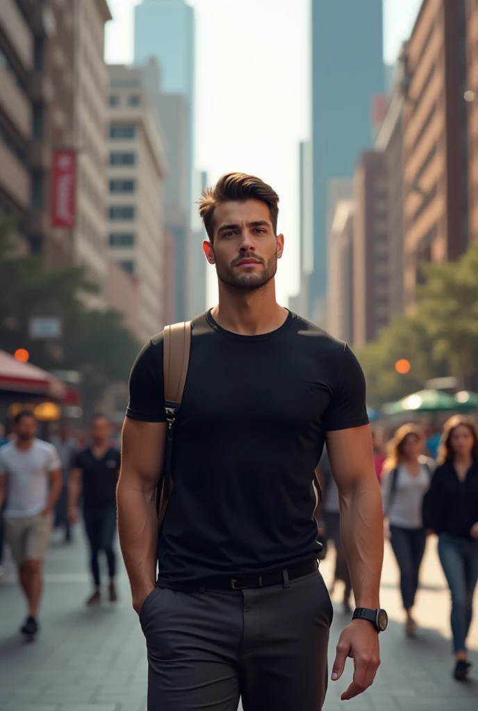 A man walking in a short black t-shirt, with good hair, without a beard, walks through the city carrying a bag behind his back