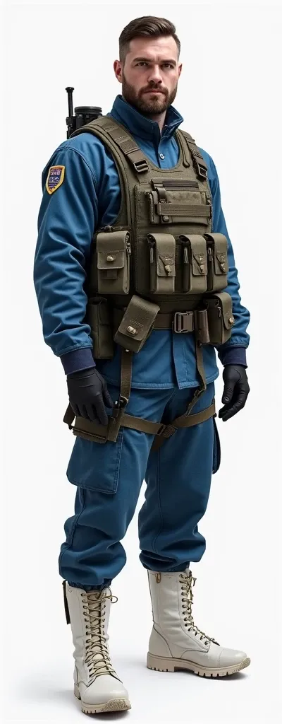 military uniform, blue shirt with pants, white boots, 2024-2025The guy stands at full height and straight.Stands straight.A type of uniform worn during war or regular service.With weapons and equipment.Dressed in tactical gear