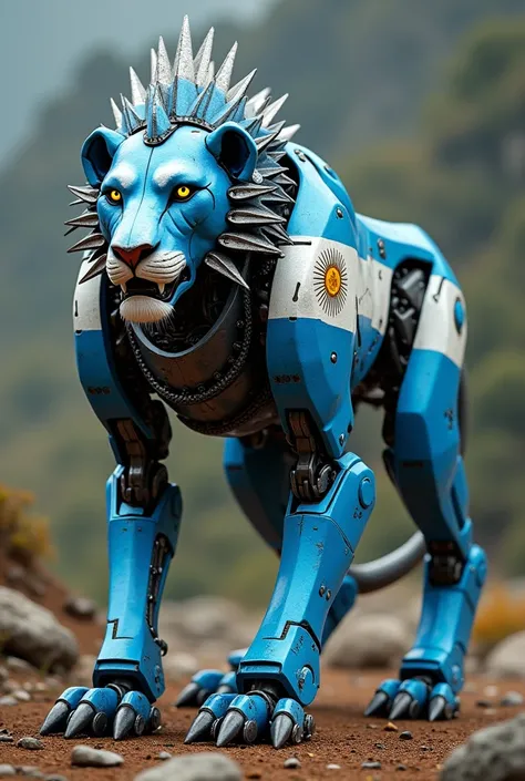 A robot in the shape of a wild lion. With the body painted with the Argentine flag 