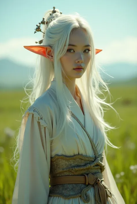 Upper body shot, Japanese woman, pointed elf ears, white skin, white hair, closed mouth, antique travel outfit, dynamic pose, complex fantasy character, NSFW, cinematic lighting, fantasy, magic, detailed background, in a sunny green plain, best quality, HD...