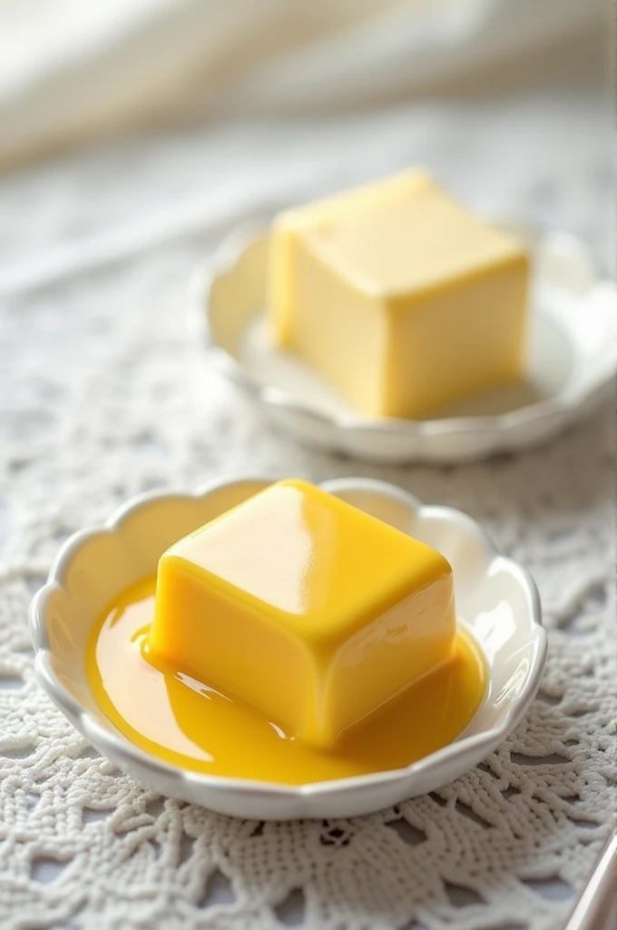  Two different pieces of butter in saucers on a white lace tablecloth: melted butter and plain butter 82 %  duck 