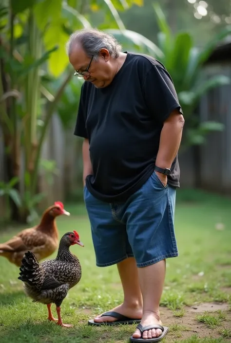  Indonesian man ,  40 years old ,  clean face ,  rather chubby posture ,long curls , black t-shirt ,celana blue jians, flip flops ,  in backyard , feeds birds ,chicken, costduck ,realistic photo, real,detail, full hd.