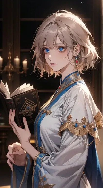 HAHAHA ,   league player , more details,  , 1 , portrait,   female focus  , blue eyes like diamonds,   alone, fringe,   look at the spectator , ruffled shirt,   short hair, (((  fantasy city  , palace))), highlights, holding a book of magic spells,    long...