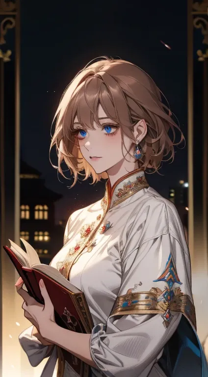 HAHAHA ,   league player , more details,  , 1 , portrait,   female focus  , blue eyes like diamonds,   alone, fringe,   look at the spectator , ruffled shirt,   short hair, (((  fantasy city  , palace))), highlights, holding a book of magic spells,    long...