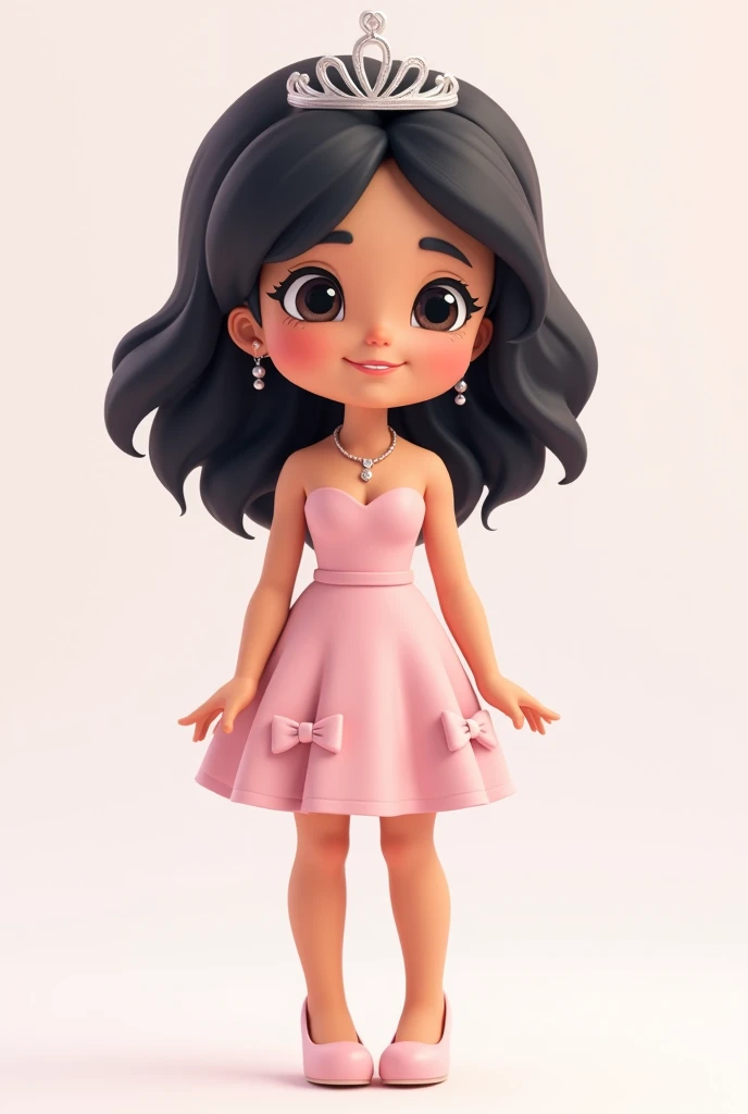 My avatar is a short girl with light tan skin and black hair, styled simply and elegantly. She has a cute, round face with expressive eyes and a small smile. She’s wearing a light pink, tight-fitting knee-length dress with bows on it, and light pink high h...