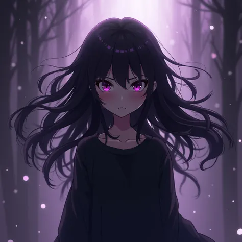 anime fog girl, purple and black colors, angry cheeky look,  long hair