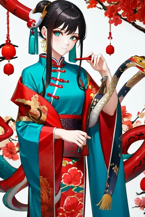 Snake cloth, snake, beautiful Chinese girl, in the new Chinese year (masterpiece, best quality:1.3), (teal) , red, white