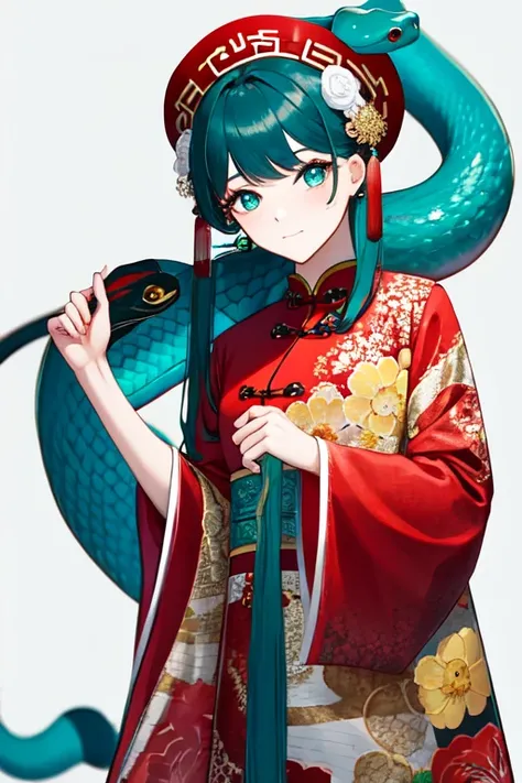 Snake cloth, snake, beautiful Chinese girl, in the new Chinese year (masterpiece, best quality:1.3), (teal) , red, white