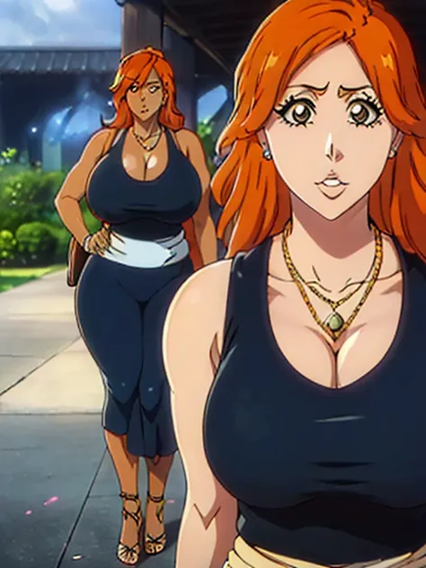 Orihime Inoue,Bleach artstyle,brown eyes,Big breast,((Enchanted big breast)),((((oversized black tank top)))),Dangerous Cleavage,Curvy figure,Hoopa bracelet,Long nail,Side burn visible,look at viewer,(((burnt orange color hair))),((head facing front)),High...