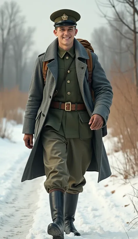 A realistic full-length portrait from head to toe of a demobilized young soldier of the Russian army of the early 20th century. He is standing half-turned to the camera. The soldier is dressed in a greatcoat of gray cloth with a turn-down collar. The great...